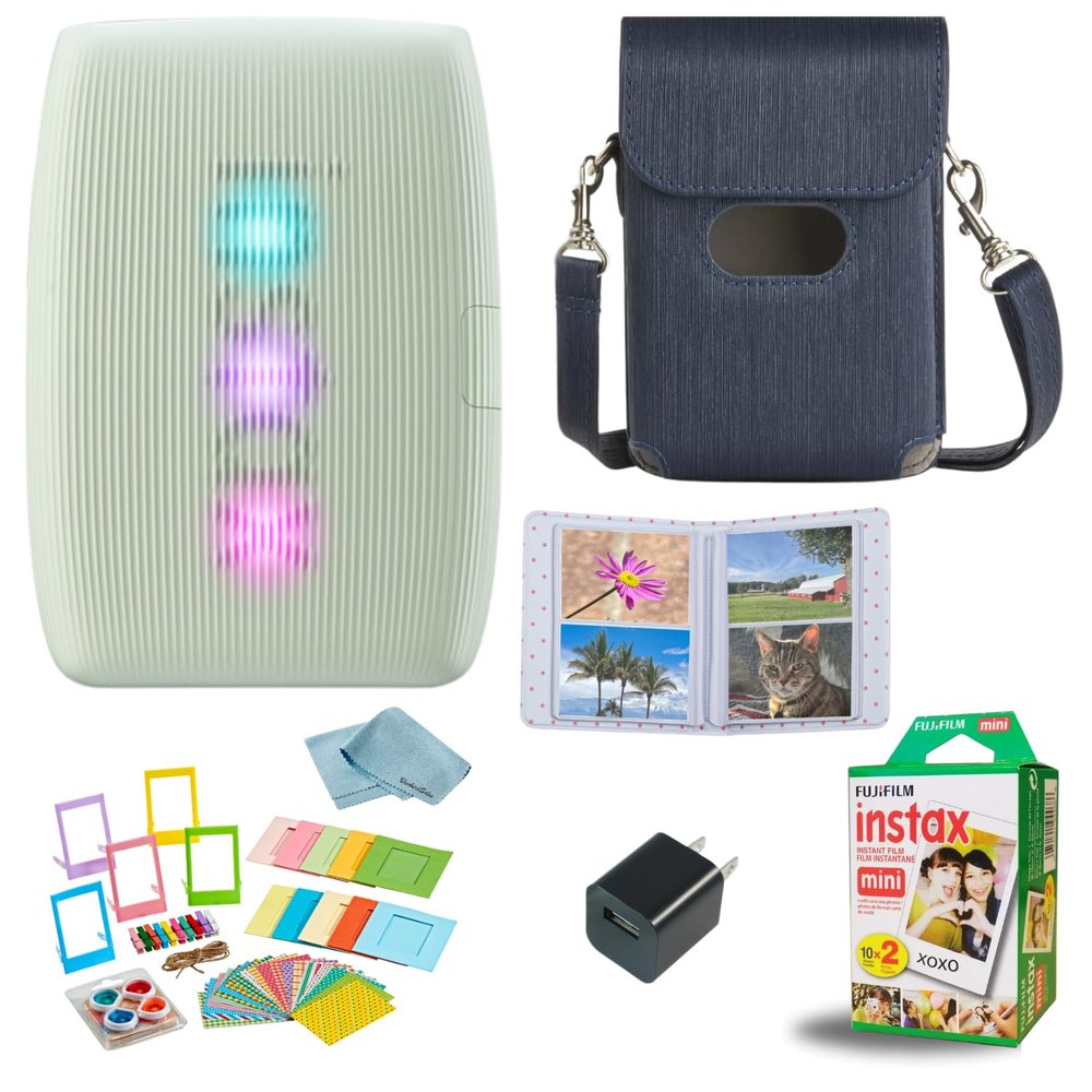 Fujifilm INSTAX Mini Link 3 Smartphone Printer + INSTAX Mini Instant Film (20 Sheets) + USB Wall Charger + BluebirdSales Travel Bag, Photo Album, Microfiber Cleaning Cloth (Sage Green)