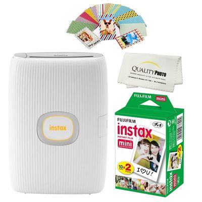 Fujifilm Instax Mini Link 2 Smartphone Printer Plus Instax Mini Films 20 Pack. Plus Stickers. Bonus All-Purpose Microfiber Cloth (Clay White)