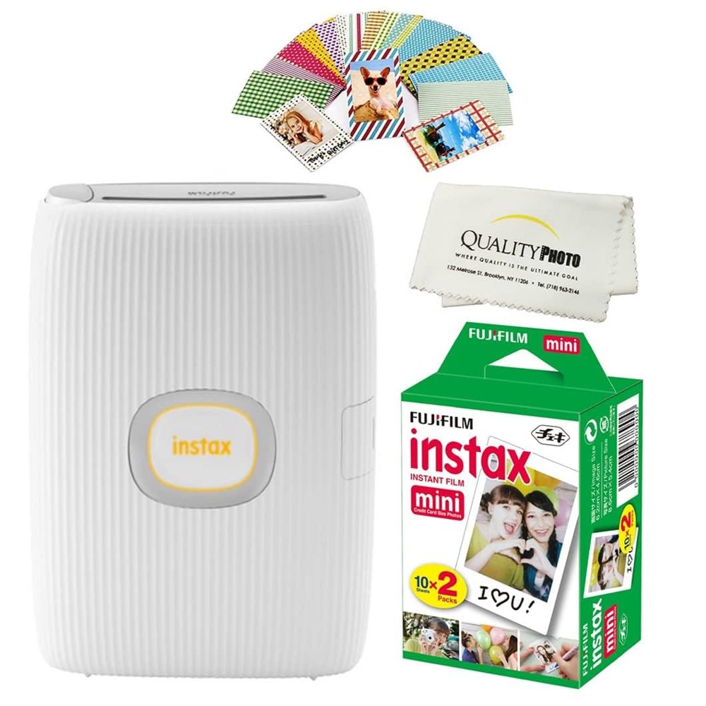 Fujifilm Instax Mini Link 2 Smartphone Printer Plus Instax Mini Films 20 Pack. Plus Stickers. Bonus All-Purpose Microfiber Cloth (Clay White)