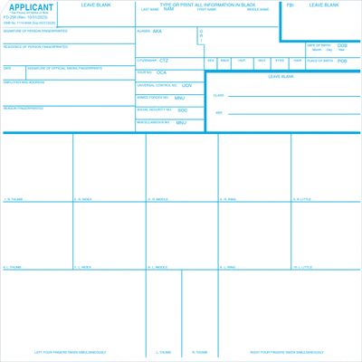 Crime Scene Fingerprint Cards, Applicant FD-258 (Case of Five 250 Packs)