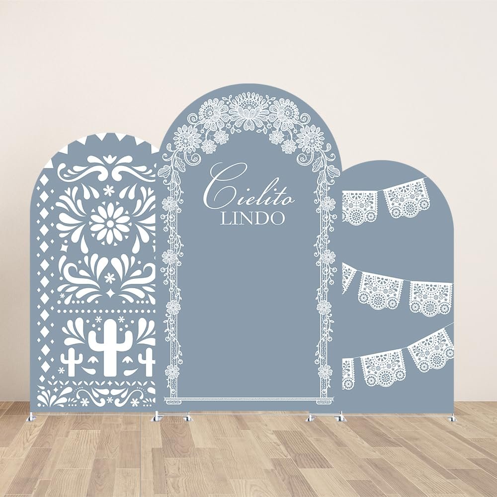 Set of 3 Arch Backdrop Covers Cielito Lindo Baby Shower Arch Stand Stretchy Cover for Mexican Theme Fiesta Talavera Birthday Party Decorations (6FT,6.6FT,7.2FT,Blue10)