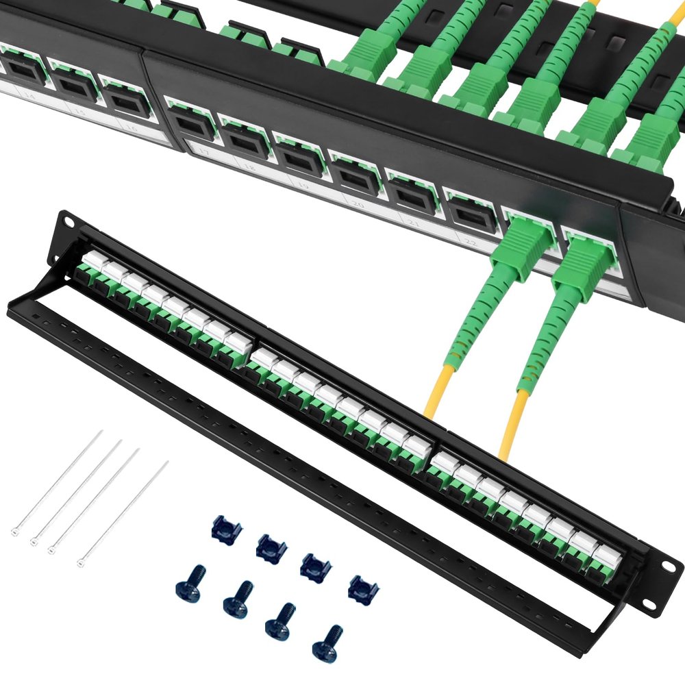 Xunsomten 1U Fiber Patch Panel with 24 SC APC Singlemode Fiber Optic Adapters Couplers Keystone Jack Modular with White Inline Keystone,Single Mode Connectors SM for Standard 19" Racks, 1pack