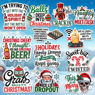 12 Pcs Funny Christmas Stickers, Holiday Santa Penguin Reindeer Gingerbread Quote Decals, Cute Xmas Vinyl Stickers Die-Cut Waterproof for Laptop, Water Bottle, Phone (Xmas4, 6 Inch)