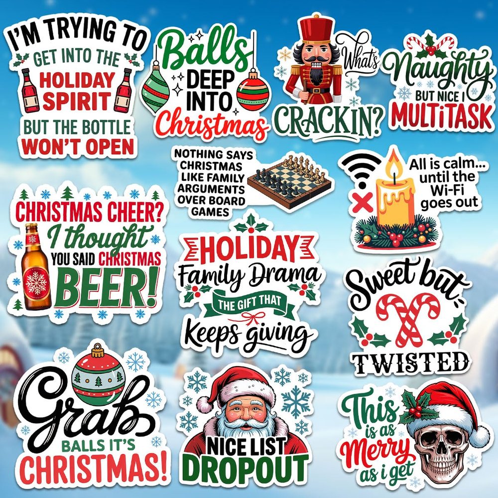12 Pcs Funny Christmas Stickers, Holiday Santa Penguin Reindeer Gingerbread Quote Decals, Cute Xmas Vinyl Stickers Die-Cut Waterproof for Laptop, Water Bottle, Phone (Xmas4, 6 Inch)