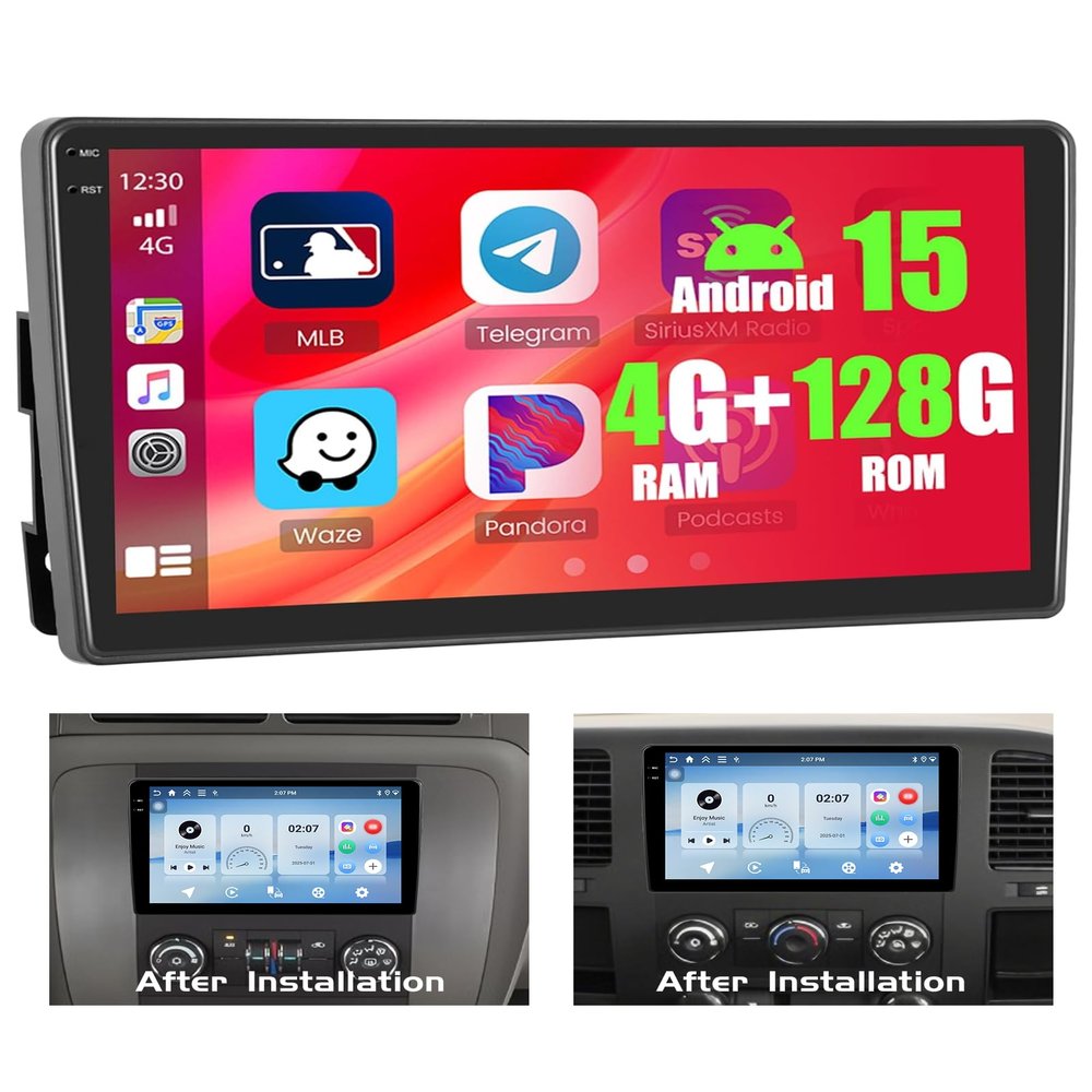 4+128GB Android 15 Car Radio for GMC Sierra Chevrolet Silverado 1500/2500 2007-2013, Tahoe Yukon 2007-2014 Wireless Carplay Android Auto, 10.1" 1280*720P In-cell Touch Screen Stereo WiFi Backup Camera