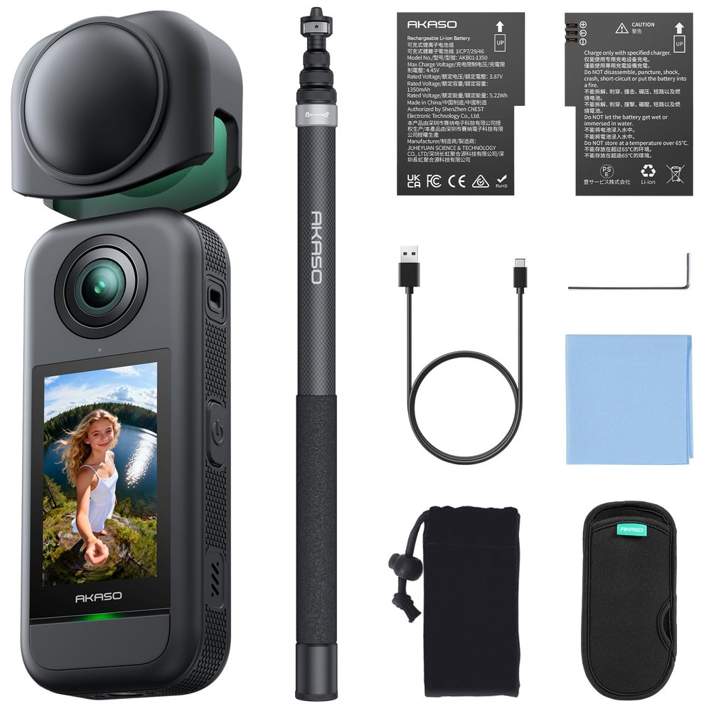 AKASO 360 Action Camera Drone View Combo- 5.7K 360 Video with 1/2" 48MP Sensors, 72MP 360 Photo, 360-SuperSmooth, 118 inch (3m) Invisible Selfie Stick, 360 Horizon Lock, AI Tracking
