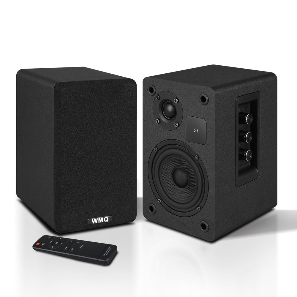 WMQ 60W Powered Bookshelf Speakers, 4" Carbon Fiber Woofer & 1" Tweeter, USB-C/RCA/AUX Input, Small Display Screen, 4 Ohm Impedance, for Turntable, TV, PC, Desktop, Smartphone (Black)