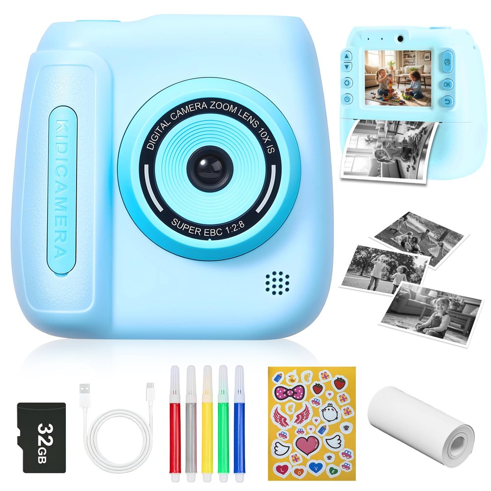 HEYAXA Kids Instant Print Camera - 1080P Video Digital Camera, Portable Toddler Travel Print Toy, Christmas Birthday Gifts for Girls Boys Age 3-12, Blue