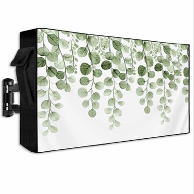 Outdoor TV Cover 60 to 65 Inch Summer Eucalyptus Leaves Green Gradient Weatherproof Waterproof TV Screen Protector with Zipper&Pocket Farm Plant on White Outside Flat TVs Enclosure