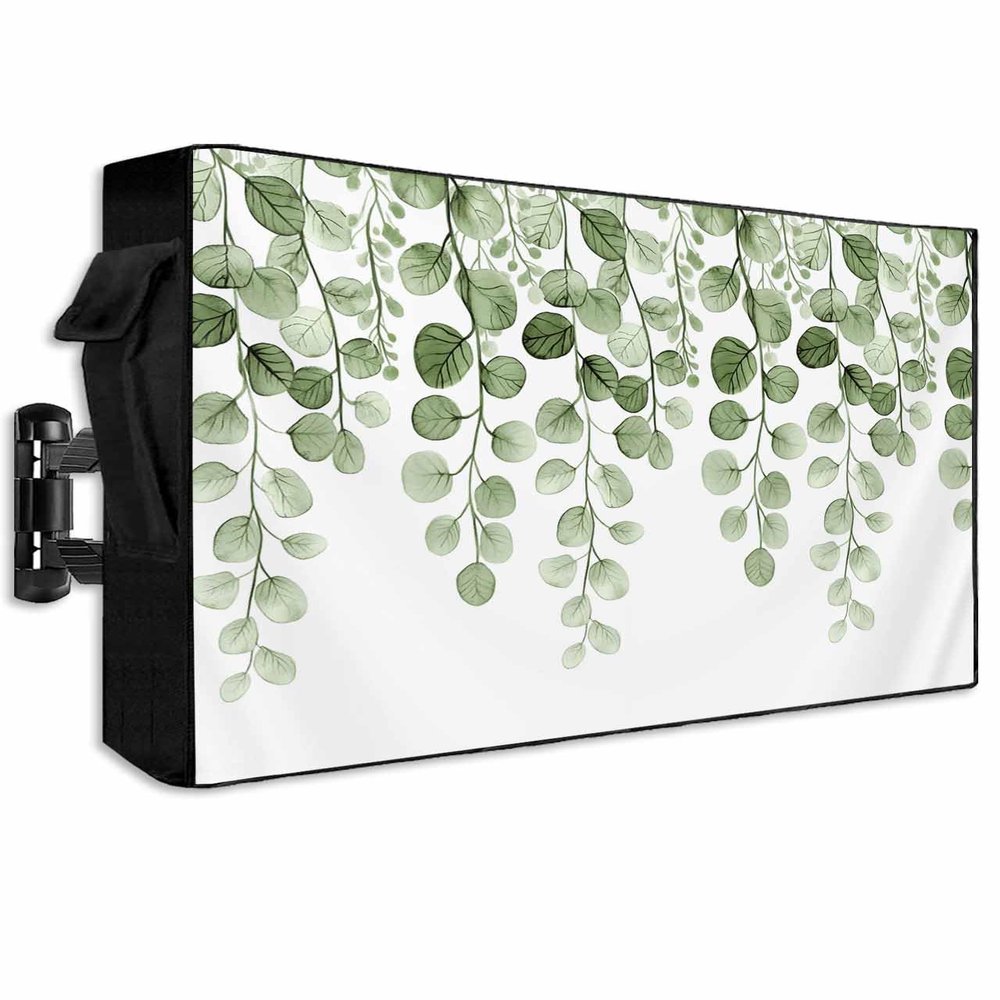 Outdoor TV Cover 60 to 65 Inch Summer Eucalyptus Leaves Green Gradient Weatherproof Waterproof TV Screen Protector with Zipper&Pocket Farm Plant on White Outside Flat TVs Enclosure
