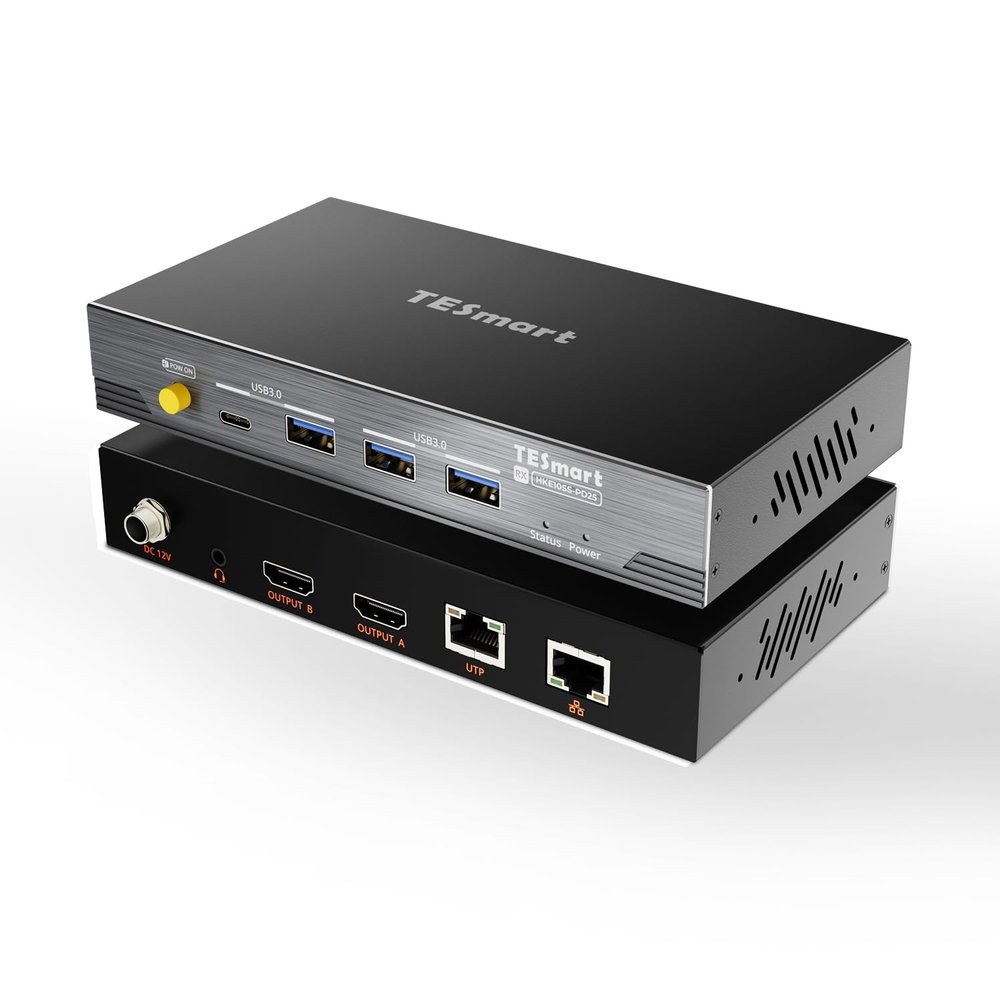 TESmart 4K@60Hz HDMI KVM Extender for Dual Monitor  328ft/100m Over CAT6a, DisplayLink H.265, Gigabit LAN, USB 3.0, EDID, Remote Power, Audio/MIC, Includes Transmitter & Receiver