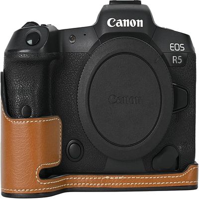 Leather Camera Case for Canon EOS R6, Bottom Opening Half Body Cover with Neck Strap Storage Box, PU Protective Bag Compatible with R5, R6 II (Brown)
