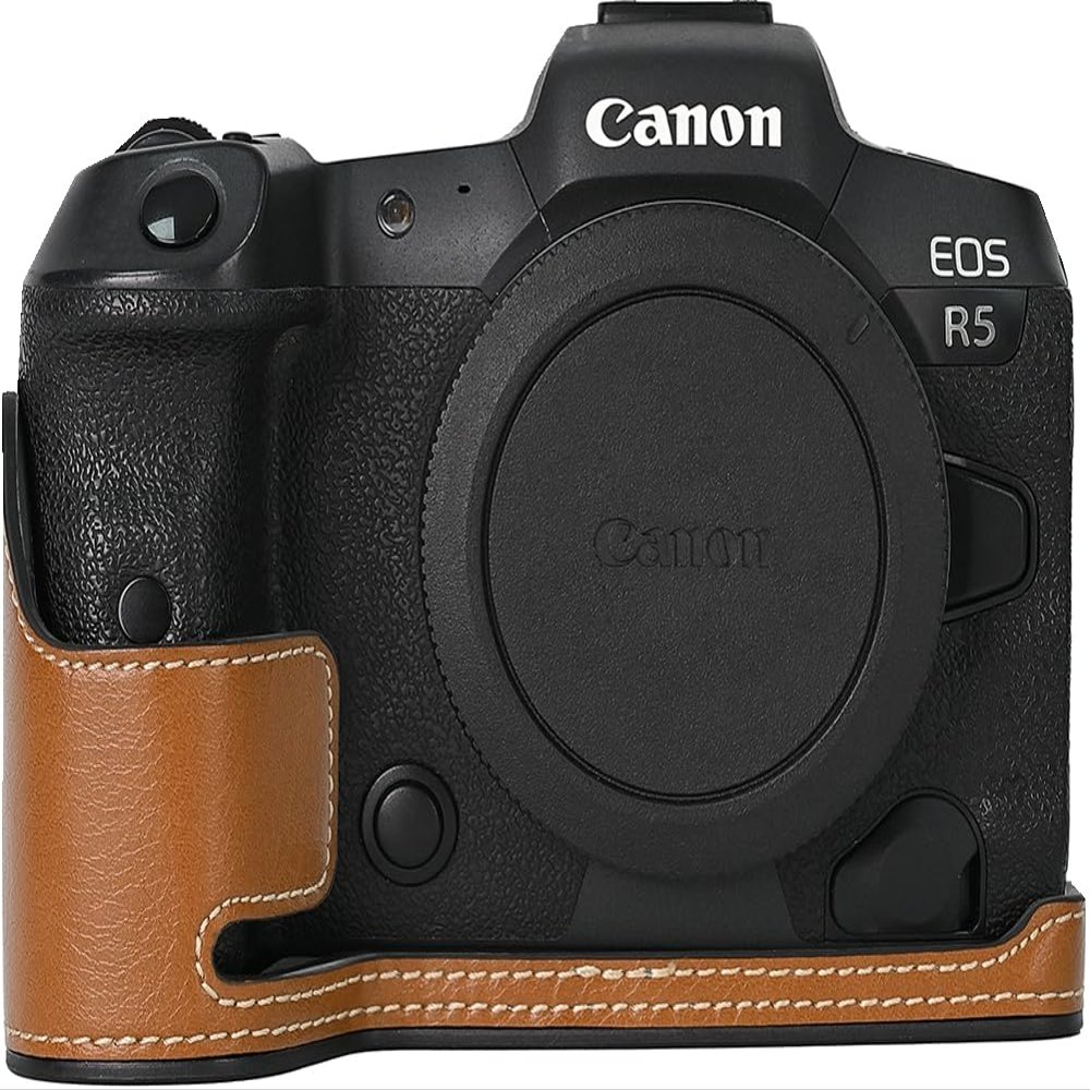 Leather Camera Case for Canon EOS R6, Bottom Opening Half Body Cover with Neck Strap Storage Box, PU Protective Bag Compatible with R5, R6 II (Brown)