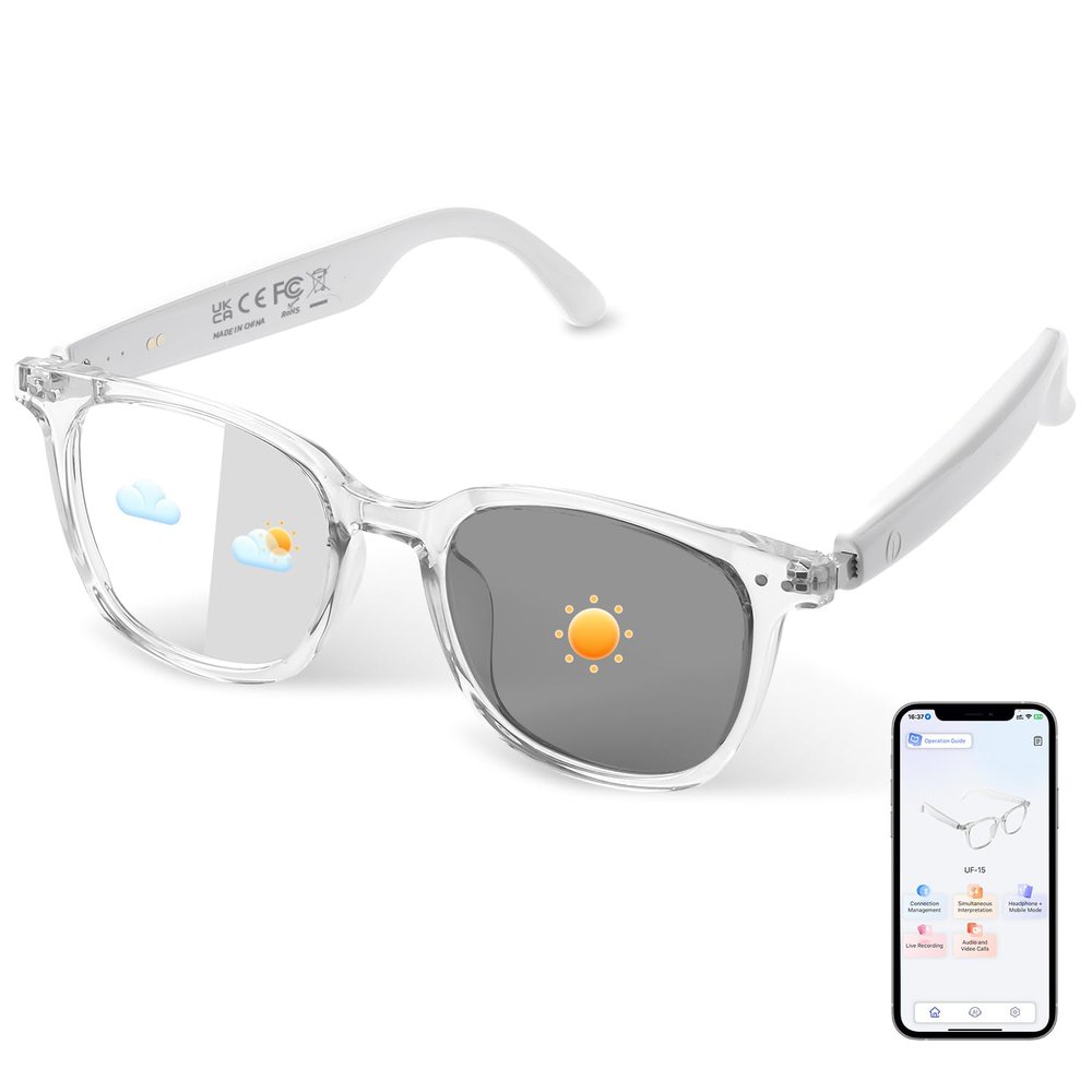 AI Smart Glasses for Men & Women, AI-Powered By Translation, Noise Reduction, Open Ear Audio Mic & Speakers, Translation Glasses with Photochromic Lenses, Support 169 Languages, Business/Travel(White)