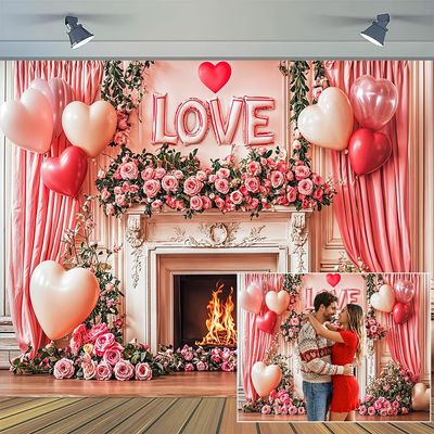 20 x 10 ft Valentine's Day Backdrops Pink Fireplace Love Balloon Flower Wall Rose Photography Background Valentines Day Engagement Backdrops Portrait Photo Booth Props