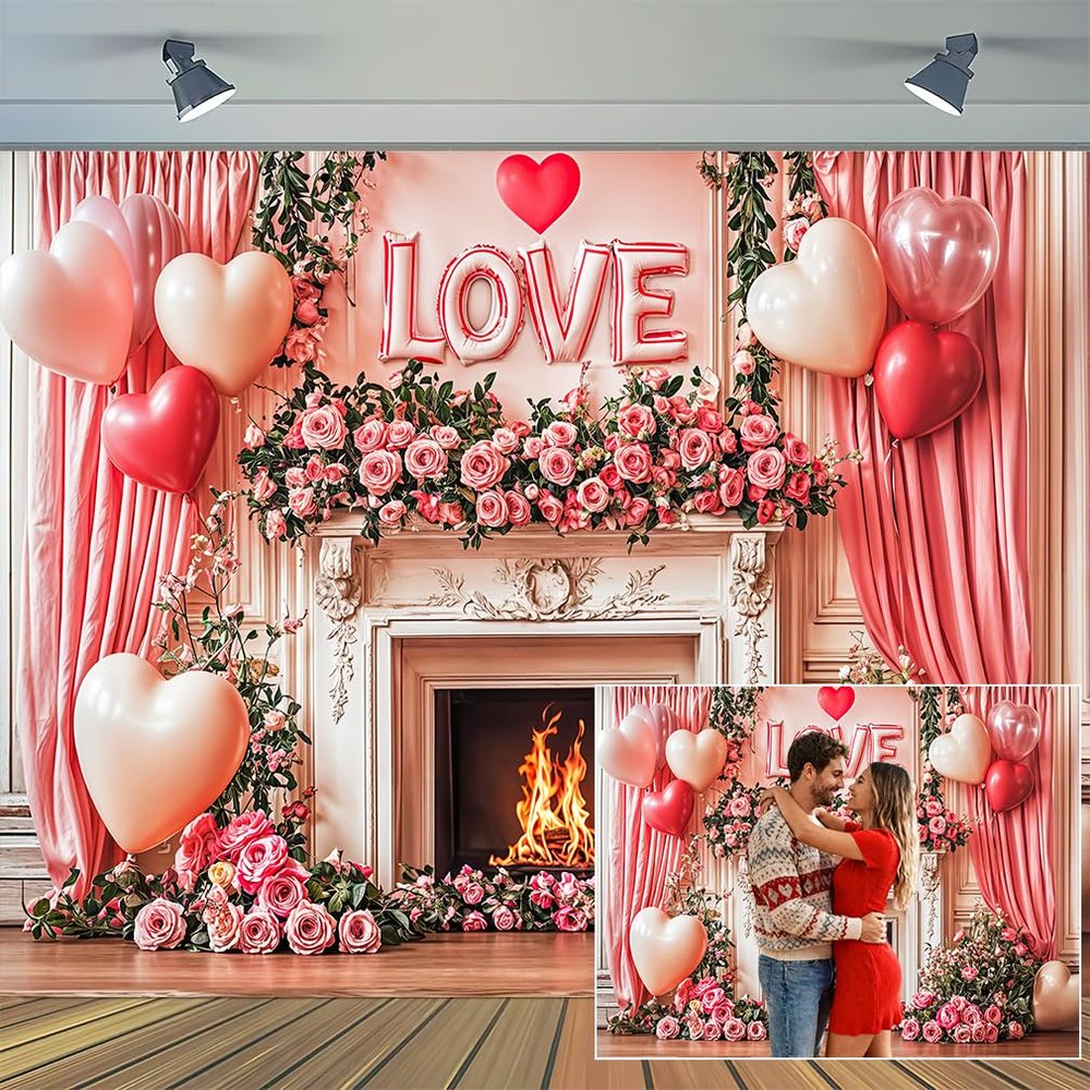 20 x 10 ft Valentine's Day Backdrops Pink Fireplace Love Balloon Flower Wall Rose Photography Background Valentines Day Engagement Backdrops Portrait Photo Booth Props