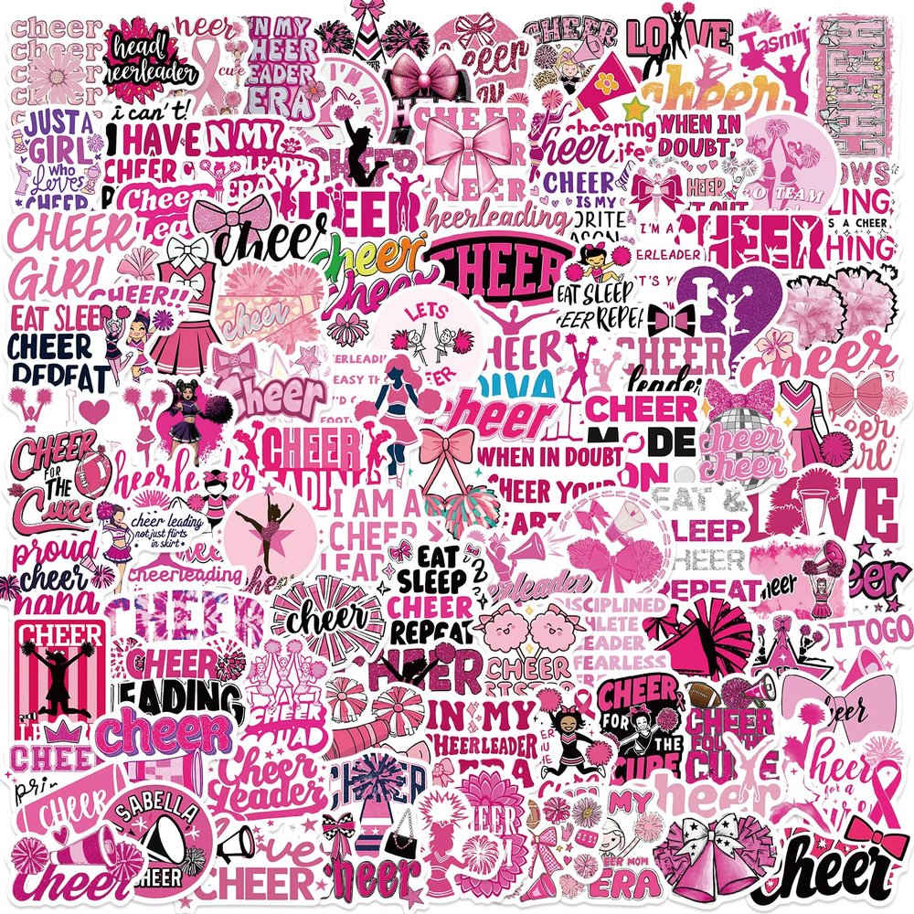 110PCS Cheer Stickers for Girls, Pink Cheerleading Stickers Pack, Cheerleader Vinyl Sticker for Water Bottle, Laptop, Goodie Bags - Team Party Favors & Cheer Stuff