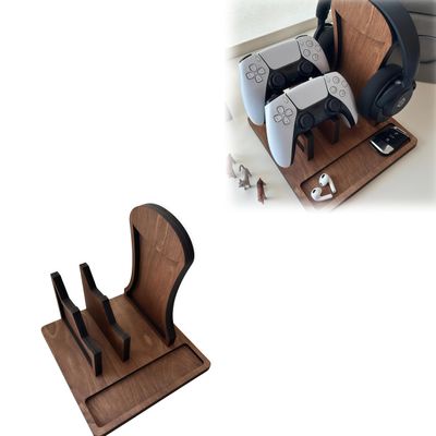 Personalized Wooden Controller Stand and Headphone Stand - Desktop Storage Box for Controllers and Headphones, Customizable with Name, Great as a Gift - Compact Gaming Dock (Wood Color)