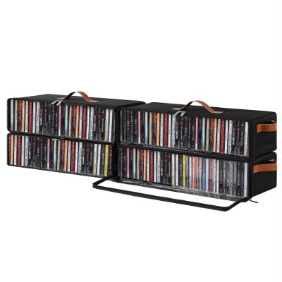 Beveetio Clear Front CD Storage Box 4 Pack, Dustproof Zippered CD Case Holder with Top & Side Handles, Stores 140+ Discs Total, See All Disc Titles at a Glance, 15.75 x 6.1 x 5.3in, Black