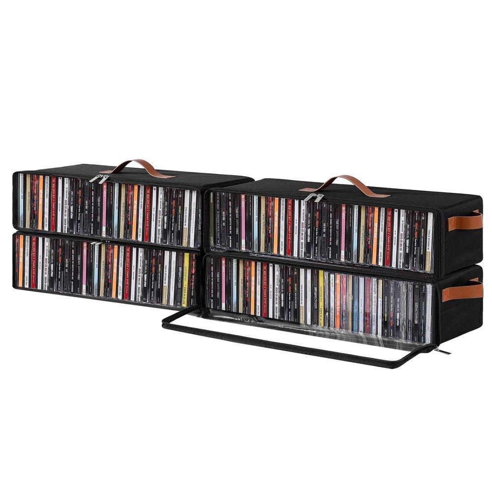 Beveetio Clear Front CD Storage Box 4 Pack, Dustproof Zippered CD Case Holder with Top & Side Handles, Stores 140+ Discs Total, See All Disc Titles at a Glance, 15.75 x 6.1 x 5.3in, Black