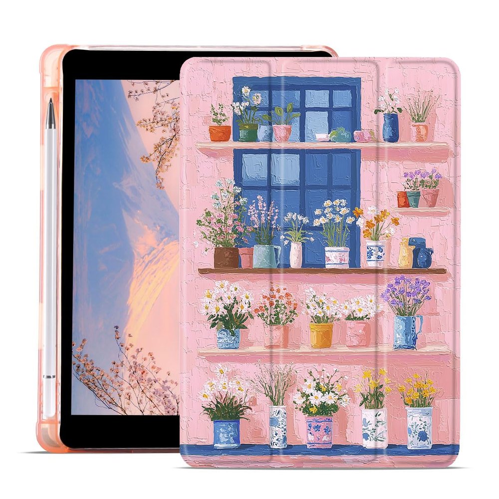AdorableWhimsy Vintage Flower Vase Case for iPad Pro 6th/5th/4th/3rd Gen(2022/2021/2020/2018) 12.9 Inch Lovely Cute Girly Design Trifold Stand Leather Protective Cover with Pencil Holder