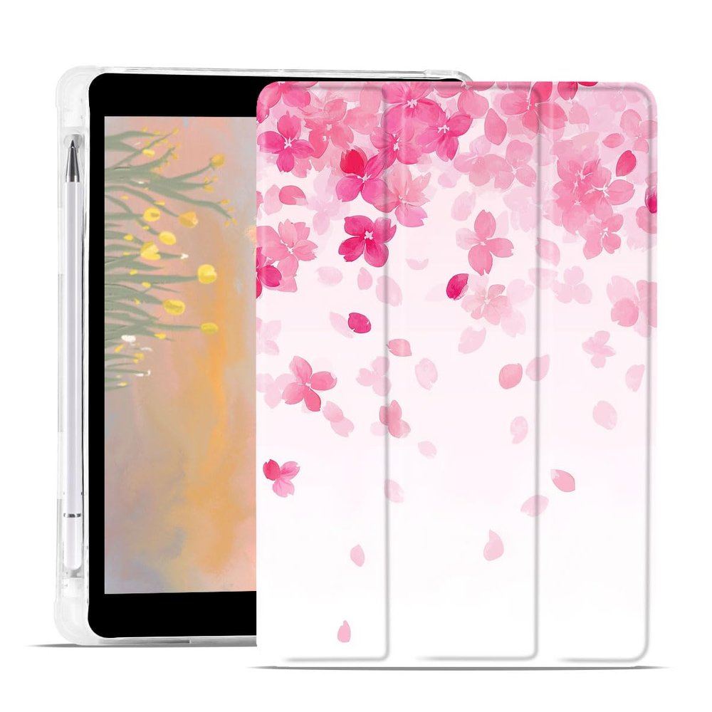 AdorableWhimsy Aesthetic Cherry Blossom Case for iPad 9th/7th/8th Generation(2021/2020/2019 10.2 Inch) Cute Sakura Design Foldable Leather Protective Cover Soft Back with Pencil Holder
