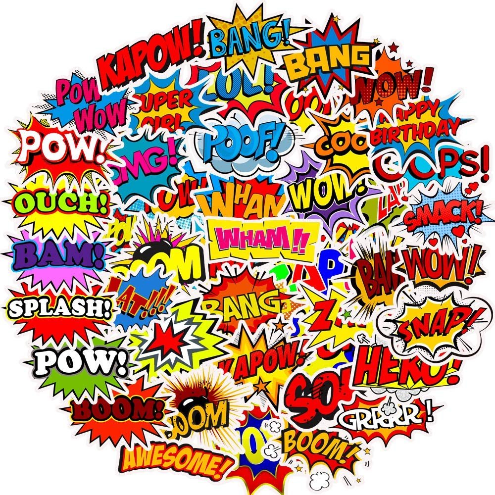 105PCS Stickers for Superhero Surprise Sign Decals for Gift Boom Wow Bang Pow OMG Stickers