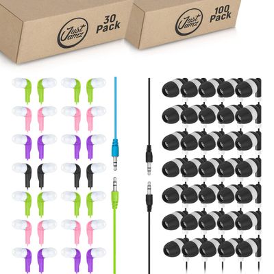 130 Pack Bulk Earbuds Bundle  Wired Ear Buds with 3.5mm Jack for Classroom, Students, and Schools  Colorful and Black Wired Earphones  Disposable Bulk Headphones for Kids, Teachers, and Libraries