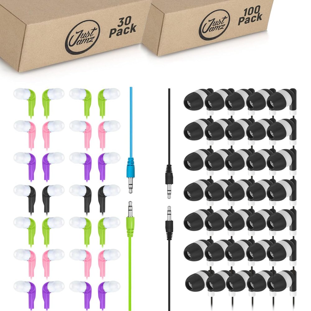 130 Pack Bulk Earbuds Bundle  Wired Ear Buds with 3.5mm Jack for Classroom, Students, and Schools  Colorful and Black Wired Earphones  Disposable Bulk Headphones for Kids, Teachers, and Libraries