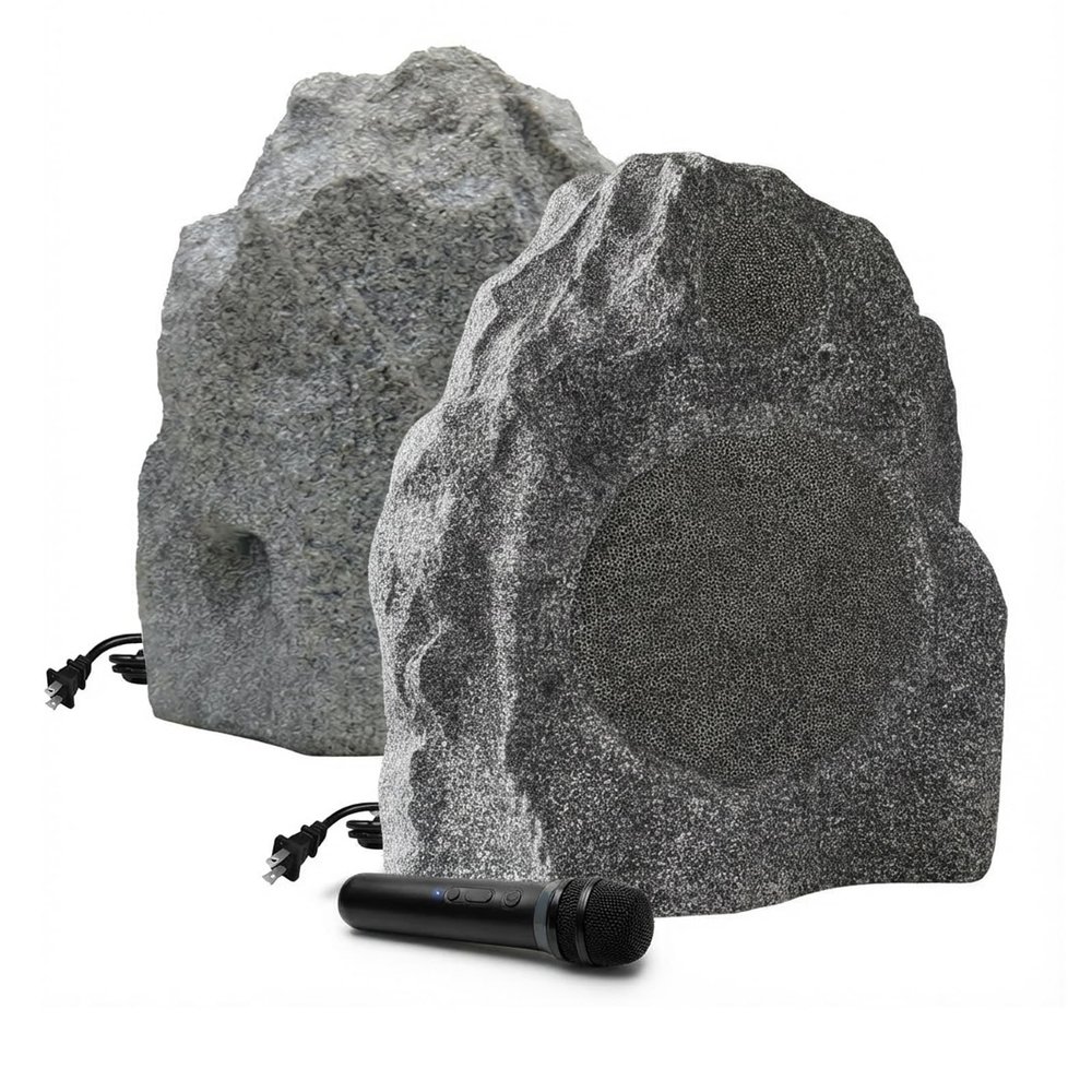 8" Bluetooth 5.4 Outdoor Rock Speakers, Volume Control & Tweeter 700W IP65 Waterproof/Multi-Sync 200 Speakers/Auto-Pairing Auracast with Karaoke Microphone for Garden (Pair) (Bluetooth Microphone)