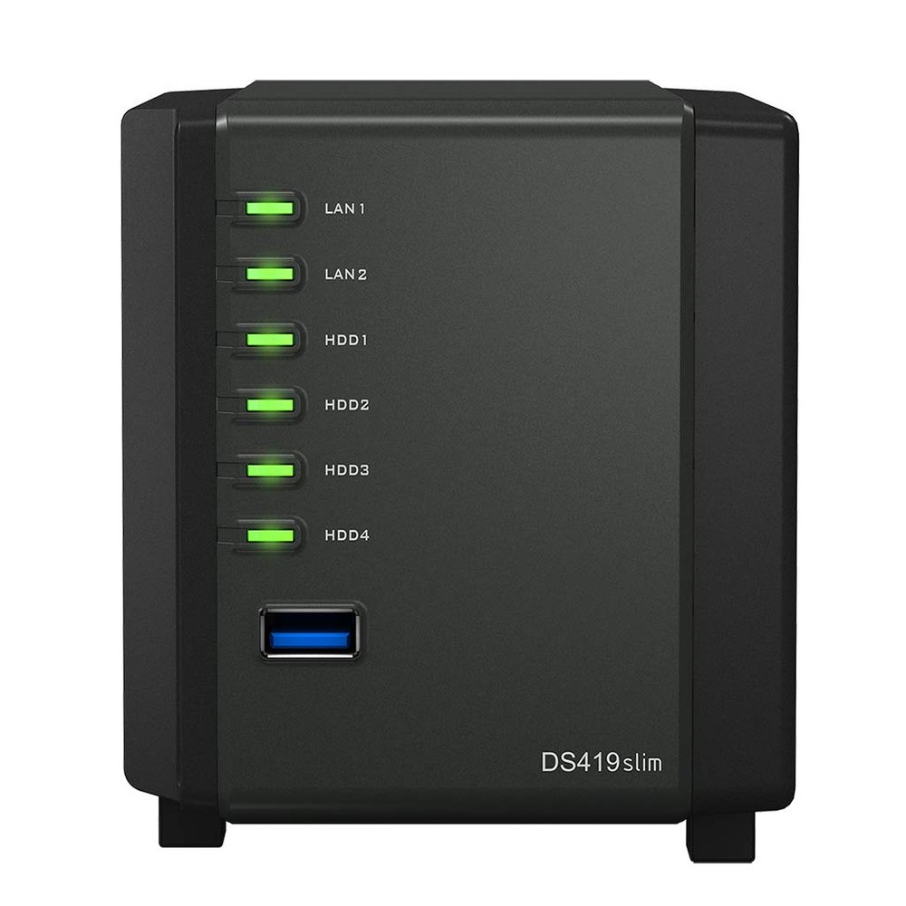 Synology DiskStation DS419slim Compact Desktop NAS Server, Marvell Armada 385 88F6820, 512MB DDR3 SDRAM, 16TB SATA HDDs, DSM Software