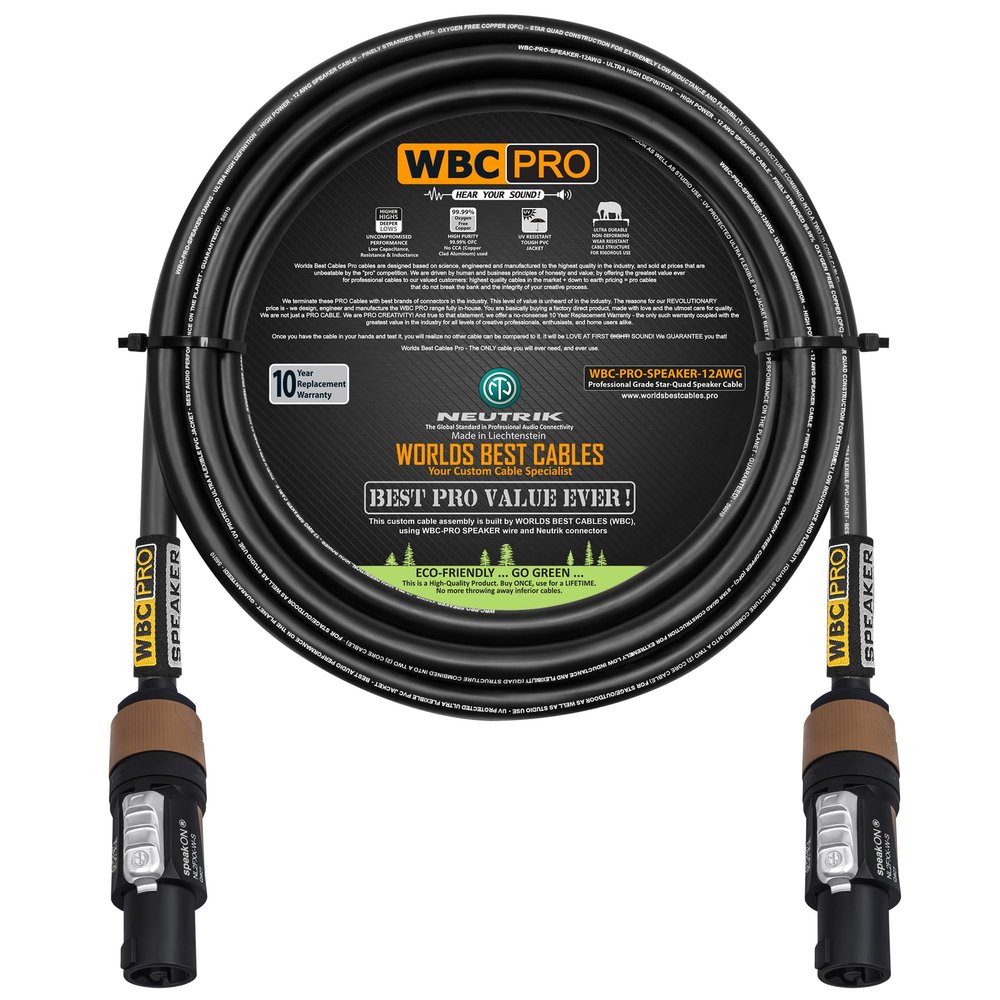 8 Foot - WBC-PRO-SPEAKER-12 AWG (2 Core Config.) High-Purity OFC (99.99%) Pro-Grade High-Definition Loudspeaker/DJ/PA Speaker Cable with Neutrik NL2FXX-W-S 2-Pole Silver SpeakON Connectors