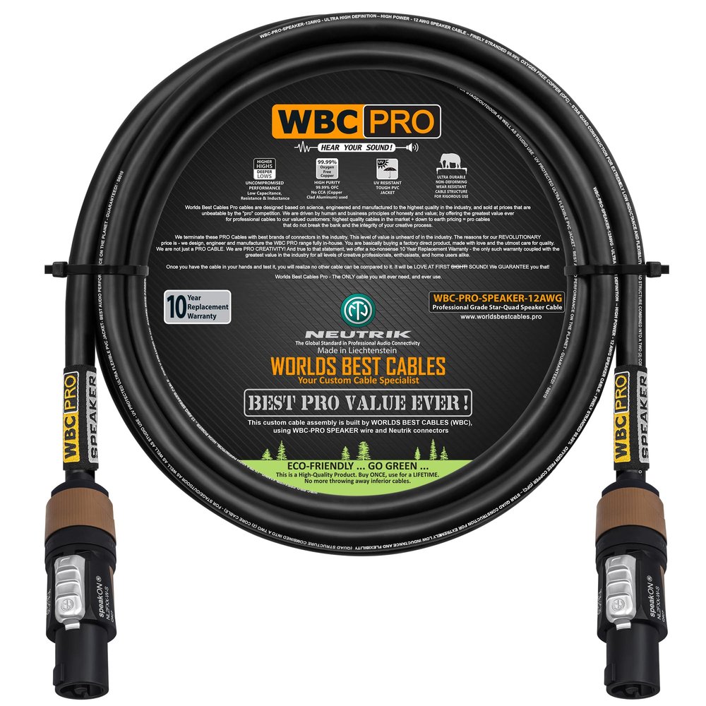 6 Foot - WBC-PRO-SPEAKER-12 AWG (2 Core Config.) High-Purity OFC (99.99%) Pro-Grade High-Definition Loudspeaker/DJ/PA Speaker Cable with Neutrik NL2FXX-W-S 2-Pole Silver SpeakON Connectors