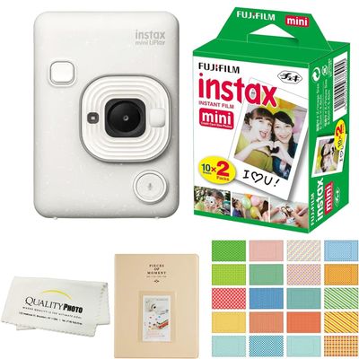 Fujifilm Instax Mini LiPlay Hybrid Instant Camera with 20 Instant Films and Photo Album. Plus Stickers. Bonus Quality Photo Microfiber Cloth (Misty White)