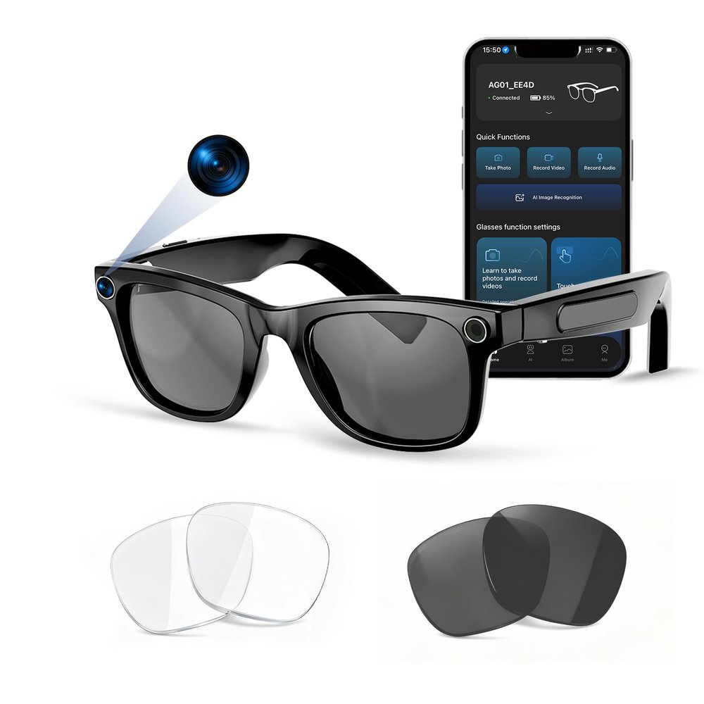 AI Smart Glasses with Voice Assistant, 8MP HD Camera Glasses, 1080P Video Recording Sunglasses, Dual Core Chip Noise Reduction, RealTime Translation, Interchangeable Blue Light & UV Protection Lenses
