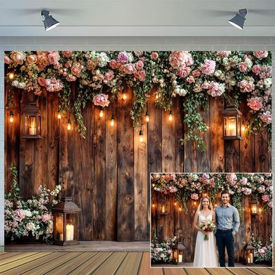 10X10ft Rustic Wooden Floral Wedding Backdrop Pink Roses Farmhouse Photography Background Vintage Style Decor for Bridal Shower Birthday Party Photo Studio Props Wall Decor Banner