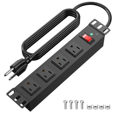 10 inch Rack PDU,4 Outlets Rack Mount PDU Power Strips, 1U Rack Mount,Rack Mount Power Strips for 10'' Mini Server Cabinets/Rack,1200J Surge Protection/15A Overload Switch,6FT 14AWG Extension Cord