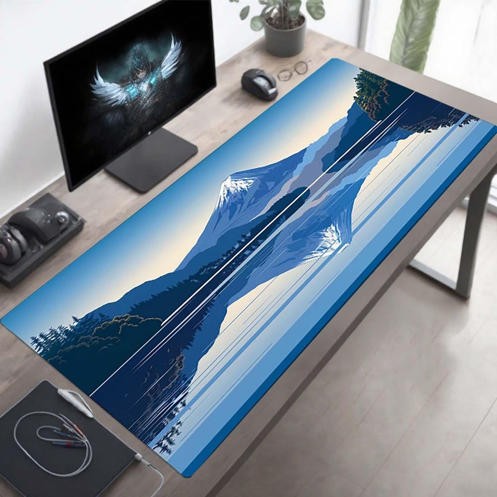 Mouse Pad Mountain Gaming Mouse Pad Blue Computer Desk Mat Keyboard Mat with Stitched Edges Waterproof Anti-Slip Rubber Base Smooth Surface PC for Home Office Accessories, Gifts 48 x 24 in PjY7118 0-1