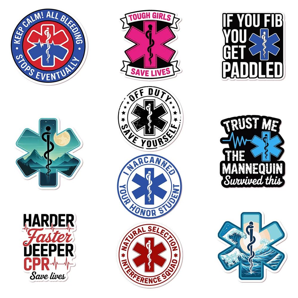 (10 Pcs) EMT Stickers, Medical Vinyl Decals with Sayings CPR Saves Lives, If You Fib You Get Paddled, Sticker for Medical Services, Funny EMS Stickers for Laptops, Water Bottles, Gear Bags