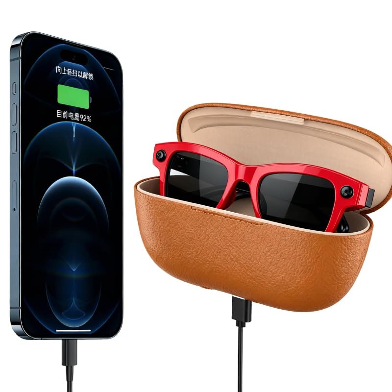 Domars Ultra AI Smart Glasses with 3600mAh Charging Case, 8MP Camera, Built-in ChatGPT, Voice Assistant, Hands-Free Recording & Translation, 32GB Memory, for Travel & Office (Red)