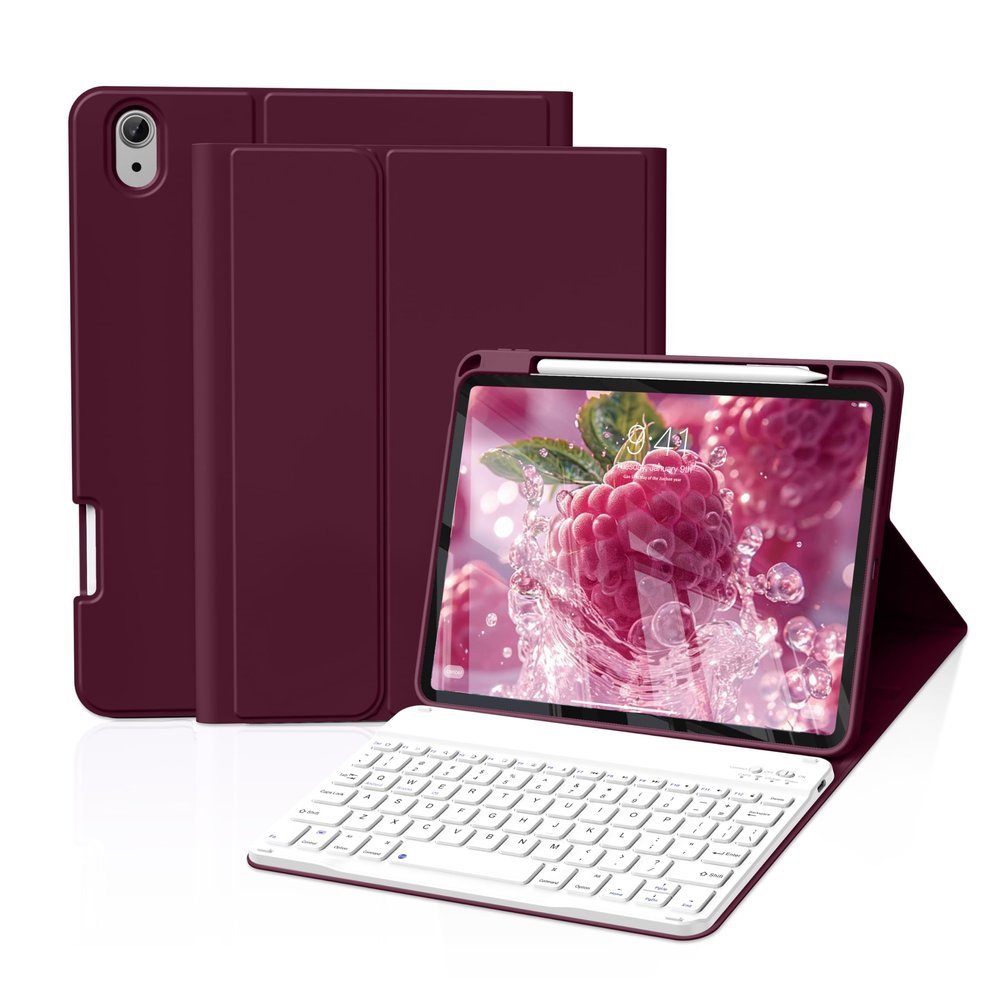 JKSML for iPad 11/10th Generation Case with Keyboard 11-inch A16 2025 10th Gen 10.9 Inch 2022 Wireless Detachable Folio Keyboard Cover Thin & Light with Pencil Holder, Wine Red