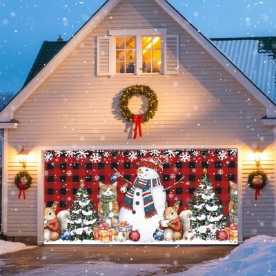 Christmas Garage Door Cover Banner 7 x 8 FT, Snowman Pine Tree Winter Snowy Red Black Plaid Garage Door Curtains Backdrop with Grommets for Indoor Outdoor Wall Party Porch Yard Decorations Background