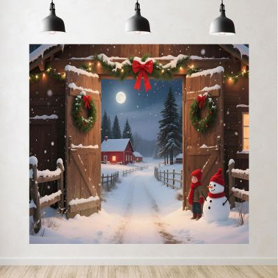 10x7ft Reindeer Christmas Backdrop, Winter Snowman Vintage Wooden Barn Door Snow Scenery Photography Background for Xmas Winter Holiday Party Decorations Photoshoot Studio Props Fabric