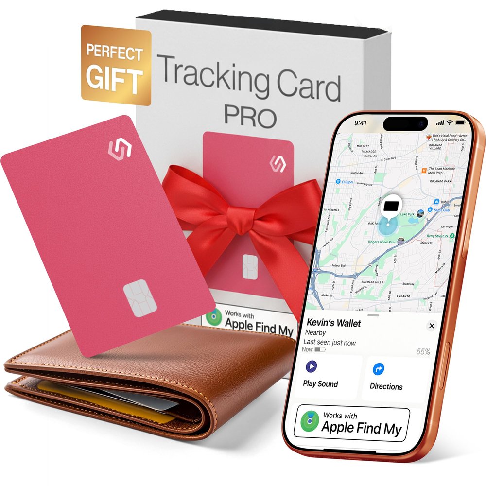 SPOTMINDERS Apple MFi Certified Credit Card Wallet Tracker PRO Pink (iOS Only) Gifts for Her Works with Apple Find My Rechargeable Tracking Card for Women IP68 0.07" Slim Item Finder for Luggage Purse