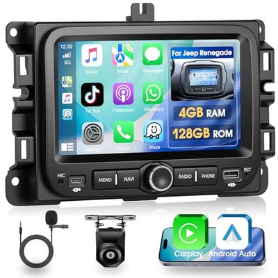 4+128G Wireless Carplay & Android Auto Car Stereo for Jeep Renegade, Android 15 Car Radio with GPS, 7" Touch Screen Bluetooth Receiver with Mirror Link WiFi RDS Hi-Fi AHD Backup Camera MIC