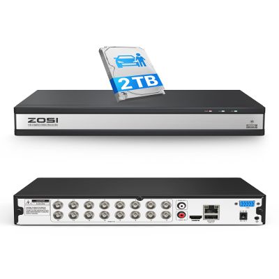 ZOSI 16 Channel 1080P Hybrid 4-in-1(TVI/AHD/CVI/CVBS) CCTV DVR with 2TB Hard Drive, AI Human/Vehicle Detection, H.265+ 16CH Surveillance Digital Video Recorder for 2MP Security Cameras, Remote Access