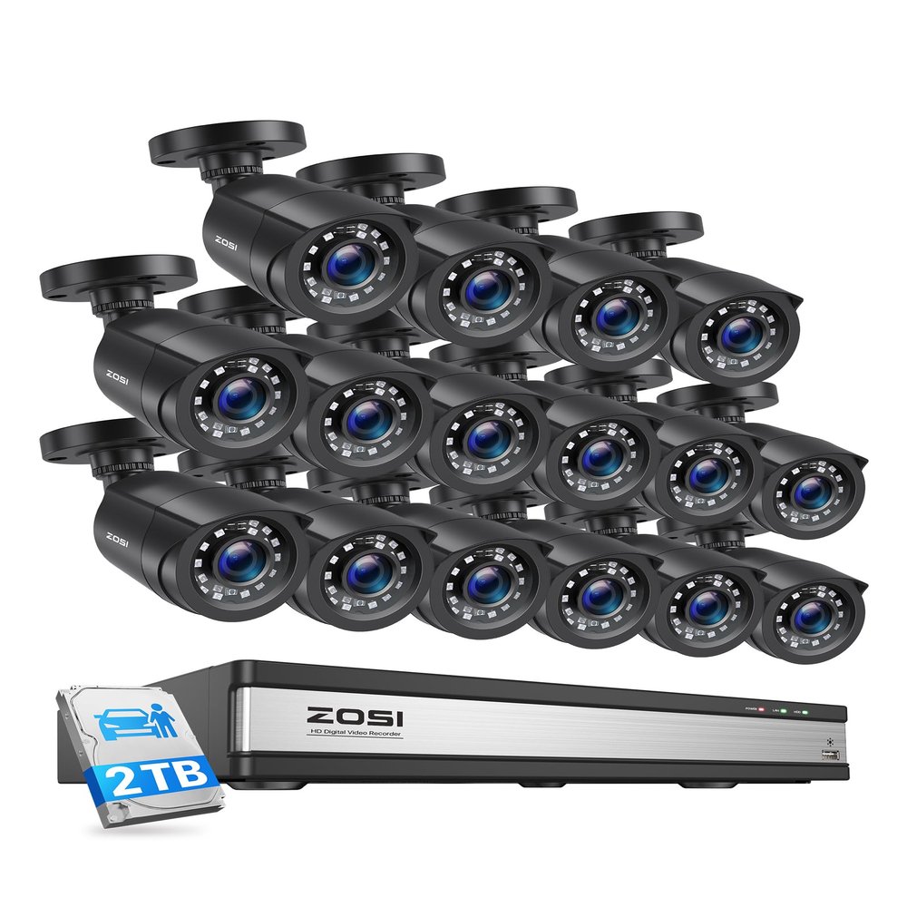 ZOSI 3K Lite 16 Channel Security Camera System with AI Human/Vehicle Detection, 16pcs 2MP Wired Indoor Outdoor CCTV Cameras, Night Vision, 24/7 Recording for Business & Warehouse, No Monthly Fees