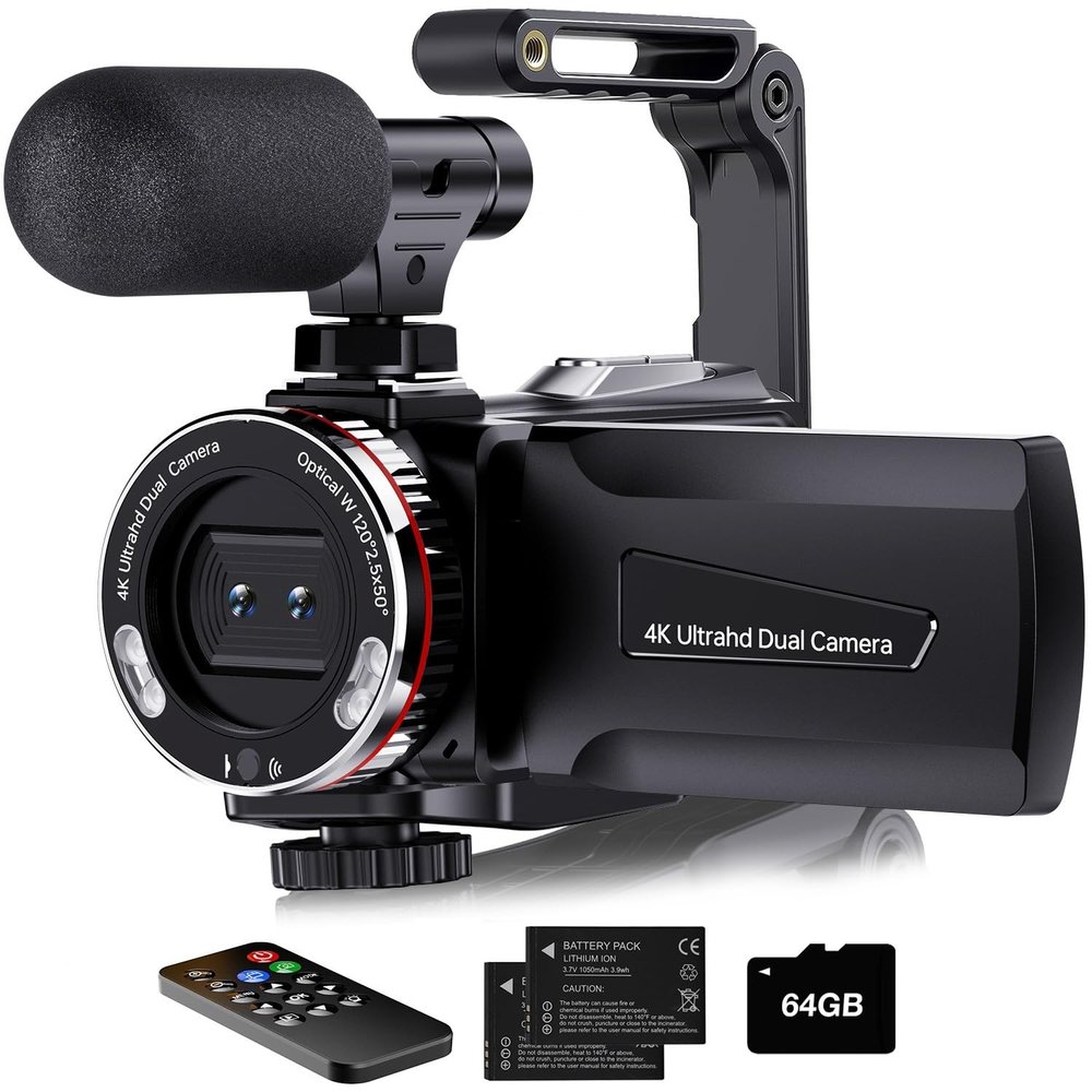 Dumjug 4K Video Camera Camcorder, 64MP UHD Vlogging Dual Camera for YouTube, 21X Digital Zoom IPS Screen Vlog Camera with External Microphone, Stabilizer, Remote, 2 Batteries, Remote, Memory Card