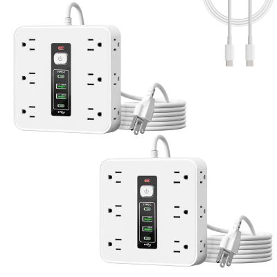 16-in-1 Power Strip with Switch & Surge Protection,16 in 1 Power Strip Surge Protector,Flat Plug Surges Protector,16 Ac Outlets,3 USB & 2 Type-C Ports,for Home Office Dorm Travel (White*2)