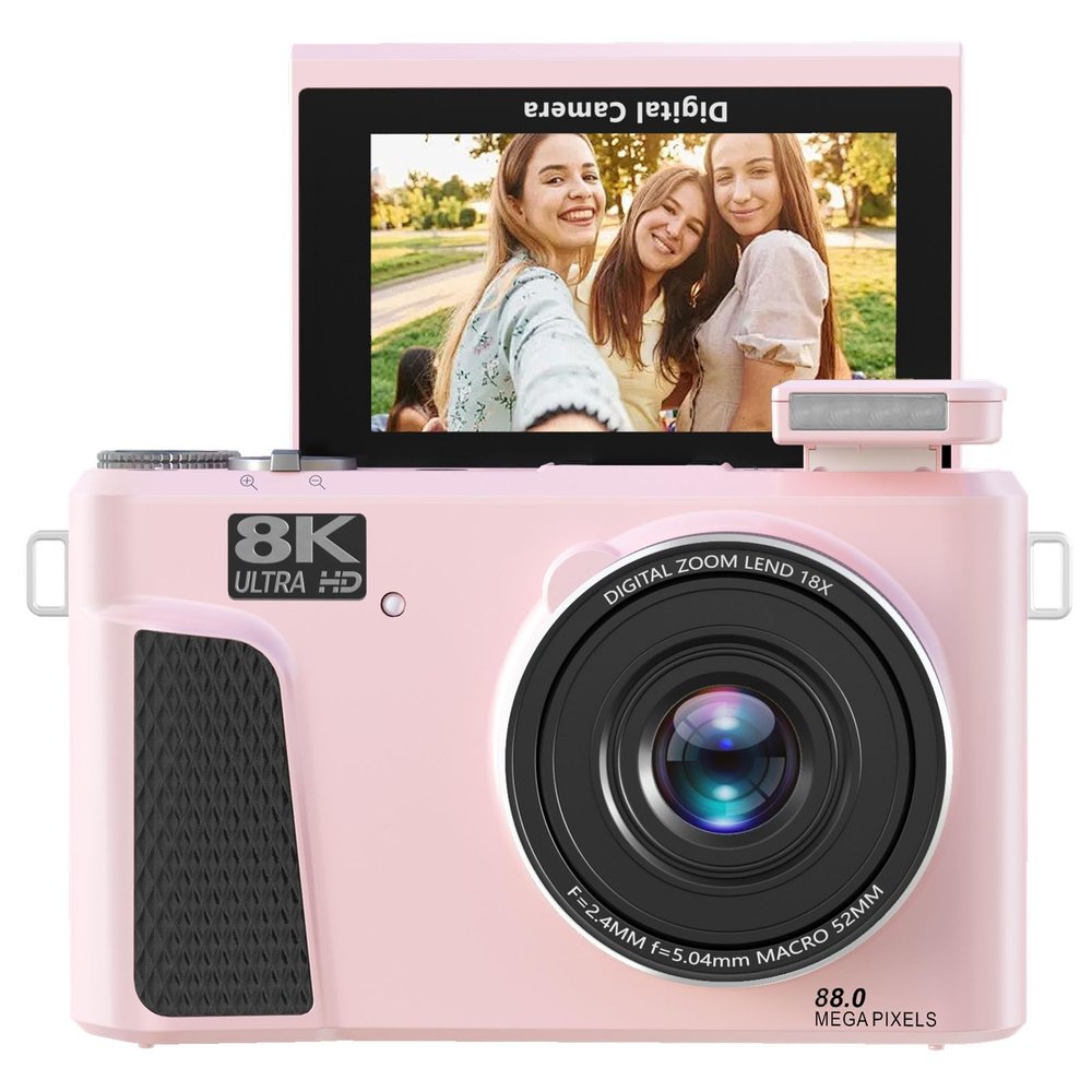 GOWENIC WiFi Mirrorless Camera, 8K 88MP Cameras for Photography with 32GB Card, 18X Digital Zoom Autofoucs Vlog Camera with 180 Flip Screen, Pop up Flash (Pink)